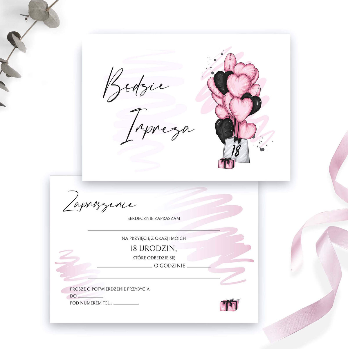 Zaproszenie na 18 urodziny dla dziewczyny z balonami z serc - Baloon Hearts - 5 szt. + koperty