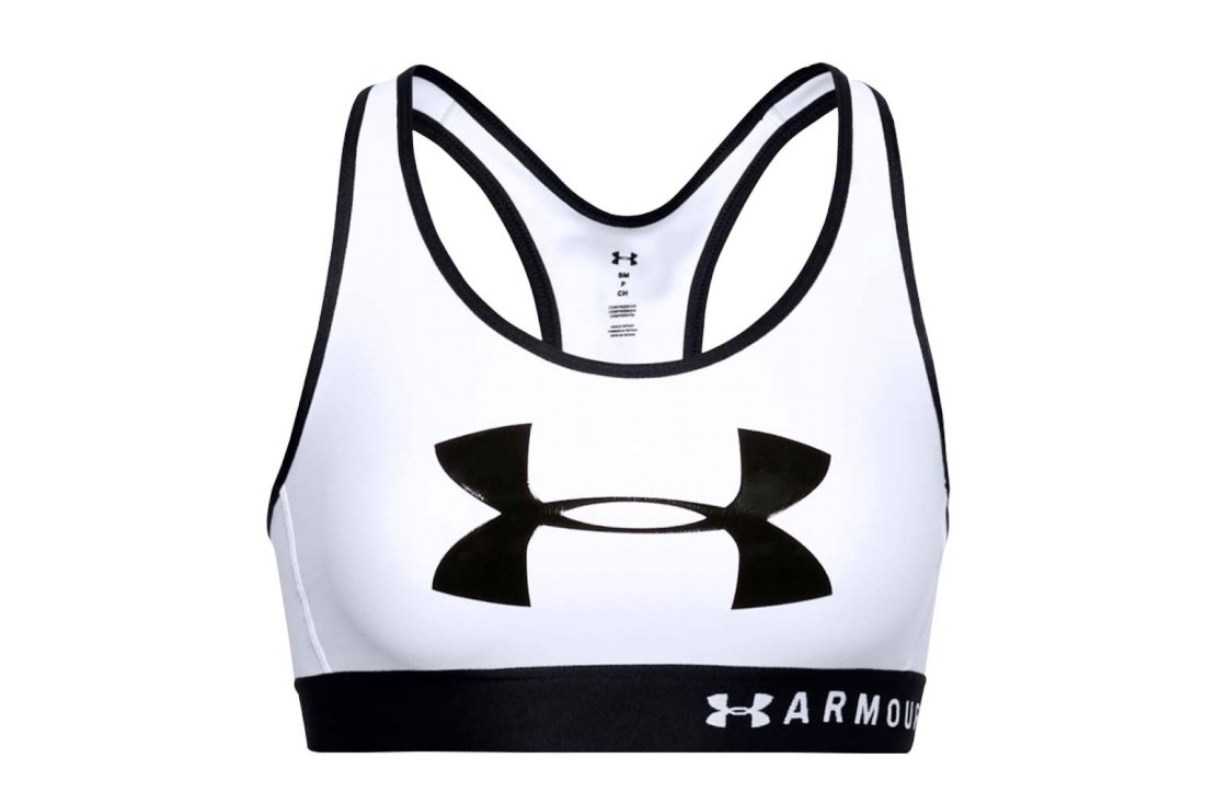 Under Armour Mid Keyhole Graphic Bra 1344333-100, Kobieta, Biustonosz, Biały