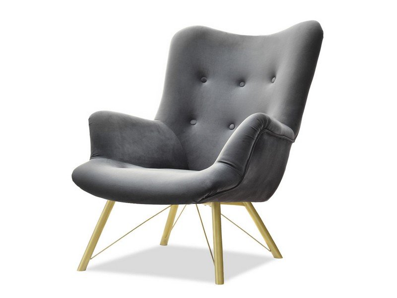 Welurowy Fotel Uszak Dalton Szary Na Złotej Podstawie