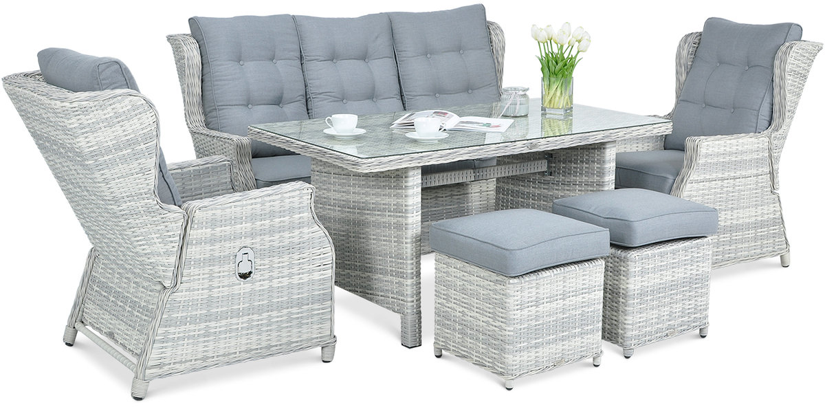 Meble technorattanowe BALTIMORE DINING + PUFY White Grey