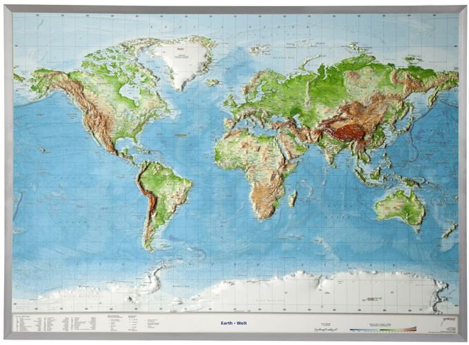 Świat mapa plastyczna w ramie 1:53 500 000, GeoRelief