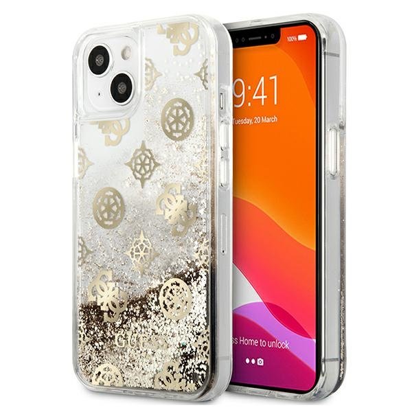 Guess Peony Liquid Glitter - Etui iPhone 13 mini złoty GUHCP13SLGPEGO