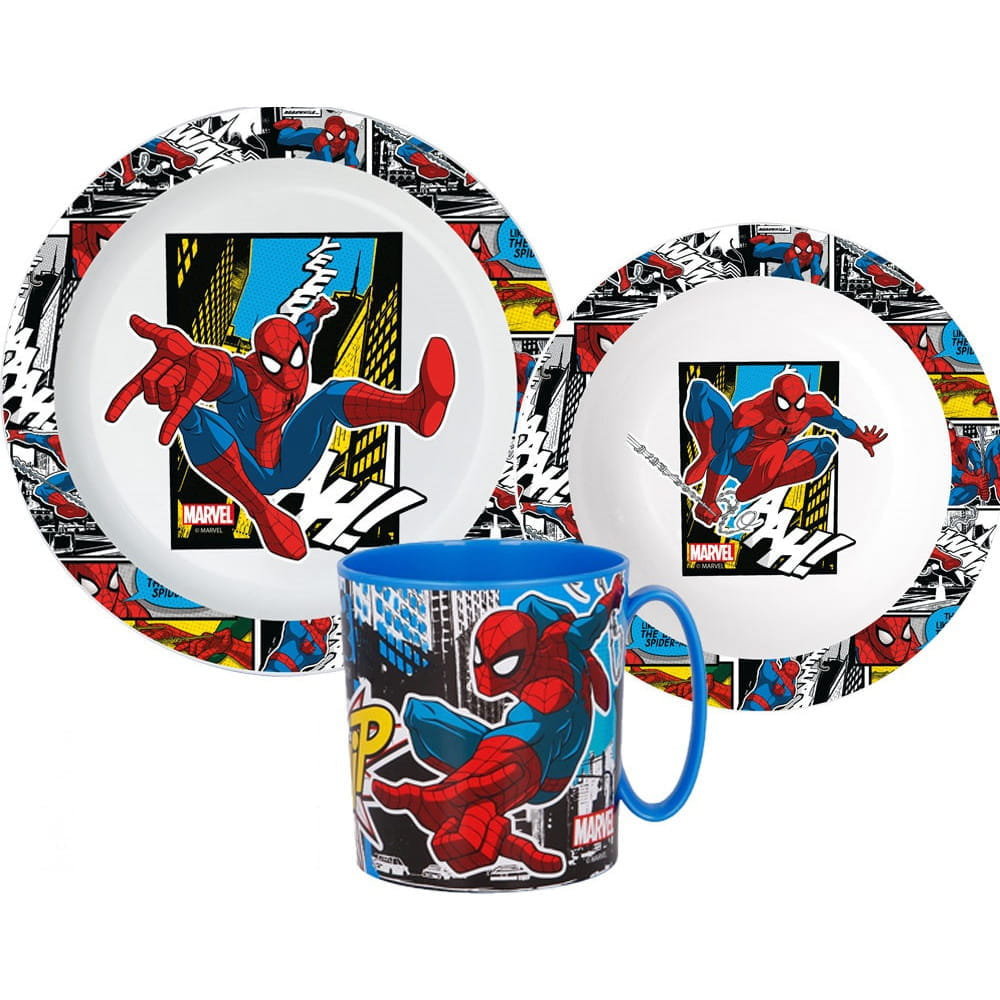 Zestaw Obiadowy Spider-Man Marvel 3W1 Zestaw Naczyń Śniadaniowy Talerze Kubek Do Mikrofali