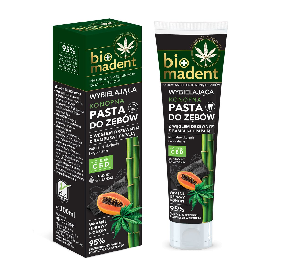 Bio Madent Bio Madent - Konopna Pasta do zębów z węglem drzewnym z bambusa i papają wybielająca 100ml