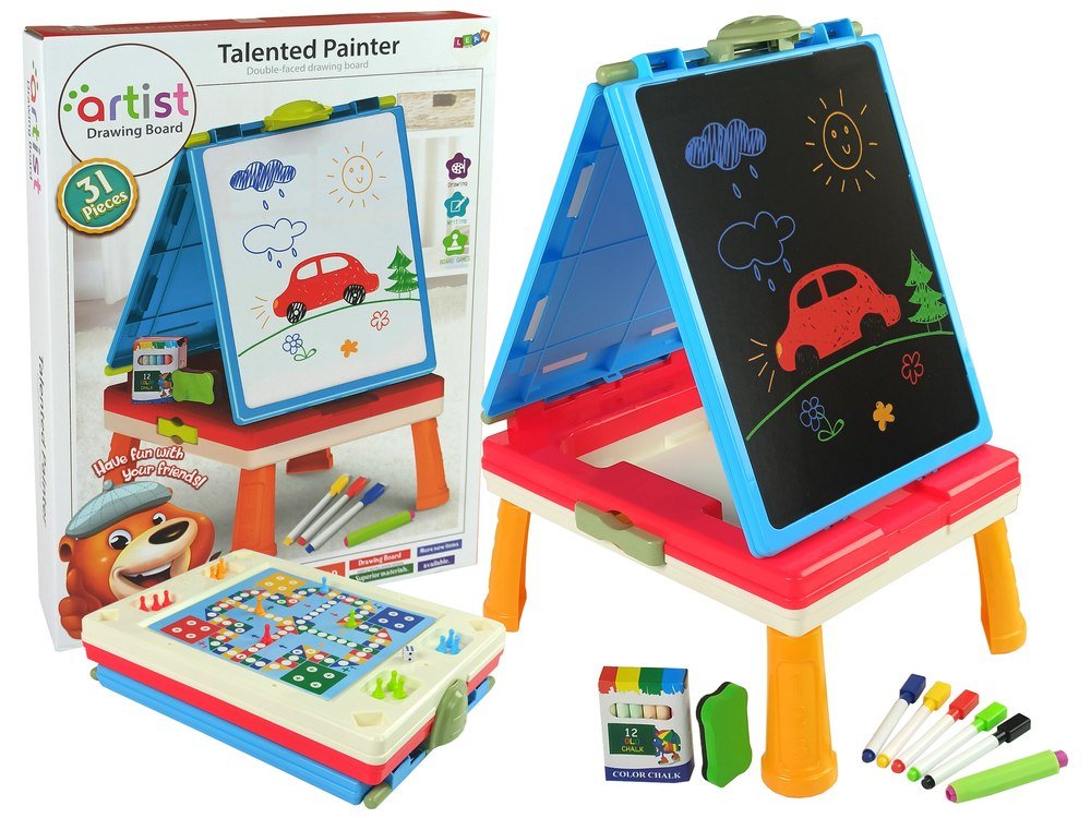 LEANToys Tablica 3w1 Magnetyczno -Kredowa, Stolik Do Gier Niebieska 9407