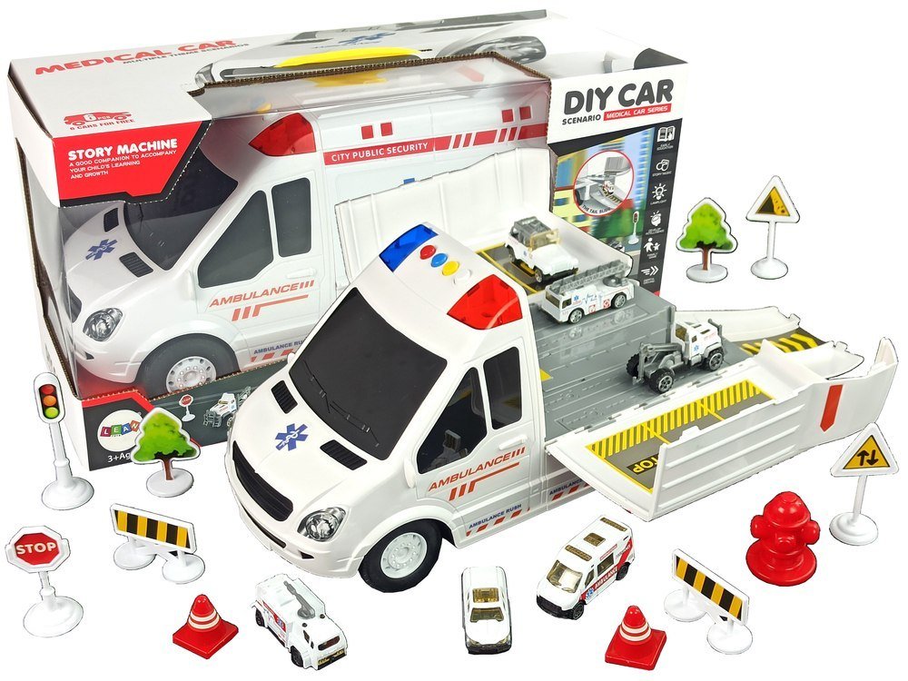 Import leantoys Import leantoys Ambulans Transportowy Parking Dźwięki Światła Napęd Frykcyjny Autka Akcesoria 9406-uniw