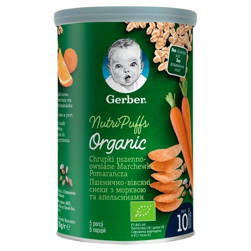Gerber Organic Chrupki pszenno owsiane marchewka pomarańcza dla niemowląt po 10 miesiącu 35 g Bio