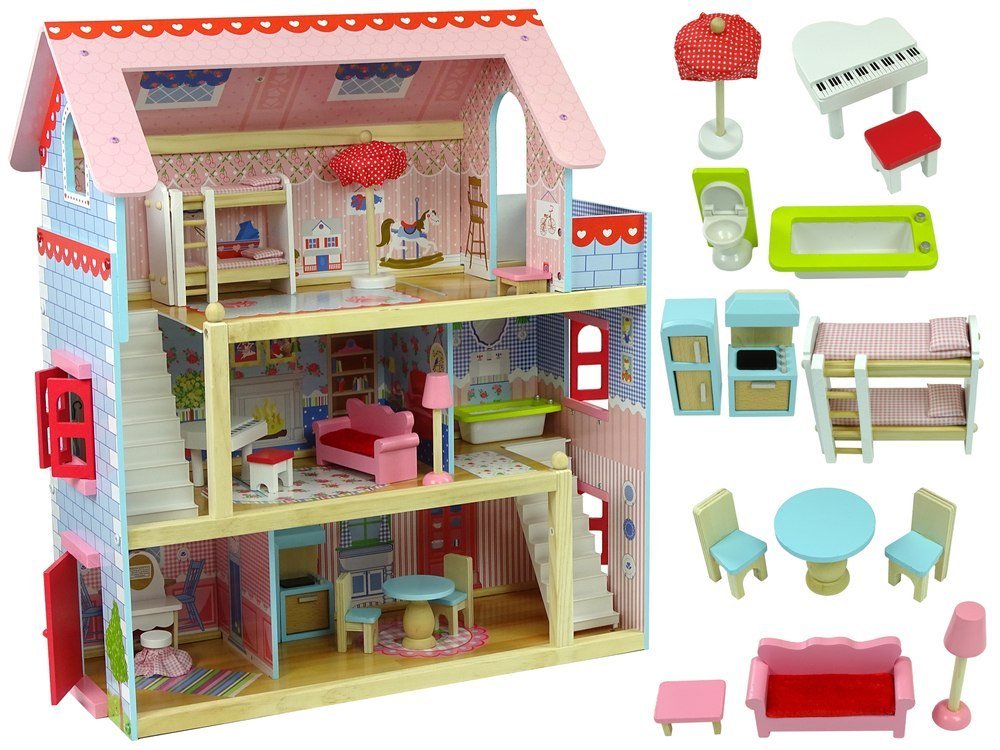 Import LEANToys Domek Drewniany Marika Otwierane Okna Trzy Piętra Balkon Mebelki 9478