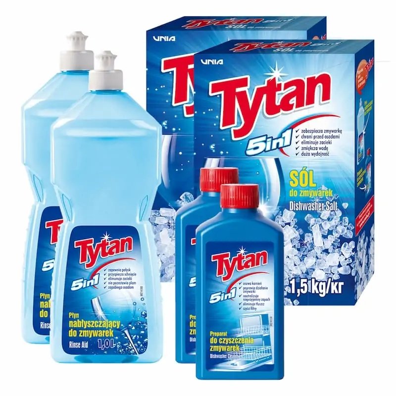 2 x Sól do zmywarek, 2 x Czyścik, 2 x Nabłyszczacz Tytan