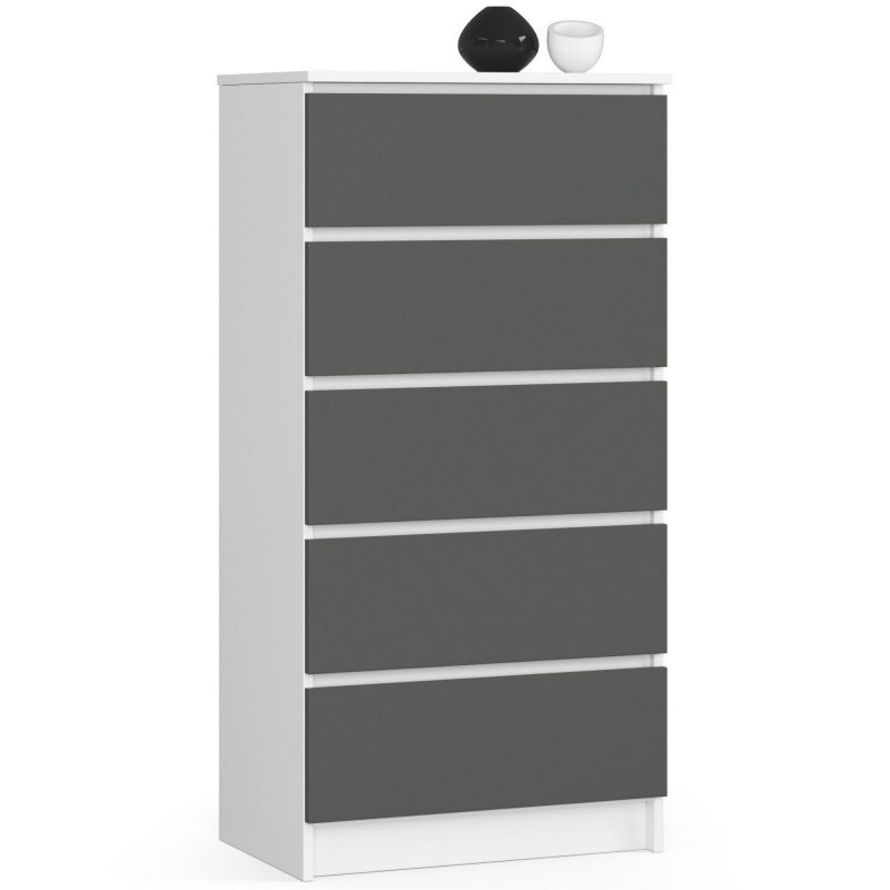 Komoda AKORD K60 Biała 60 cm - 5 szuflad, fronty kolor Grafit Szary, mat - 60x40x121 cm