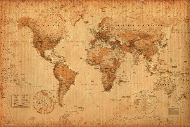Plakat, Mapa Świata w starym stylu, 91,5x61 cm