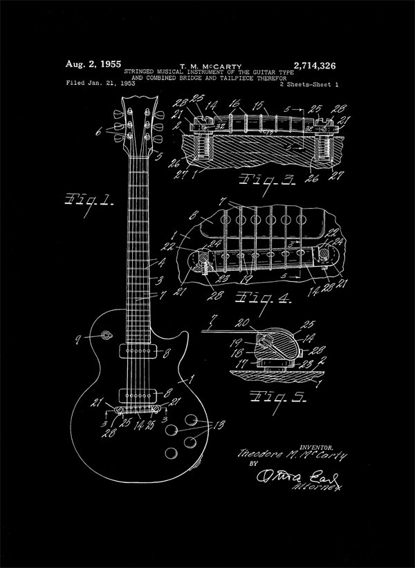 Plakat, Patent Gitara Elektryczna Projekt 1955 - retro, 29,7x42 cm