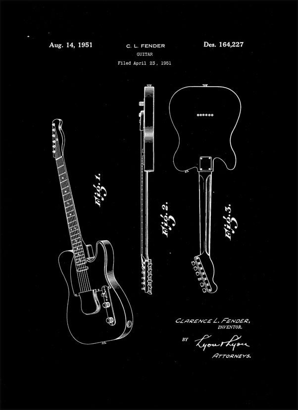 Plakat, Patent Fender Gitara Elektryczna Telecaster Projekt 1951 - retro, 30x45 cm