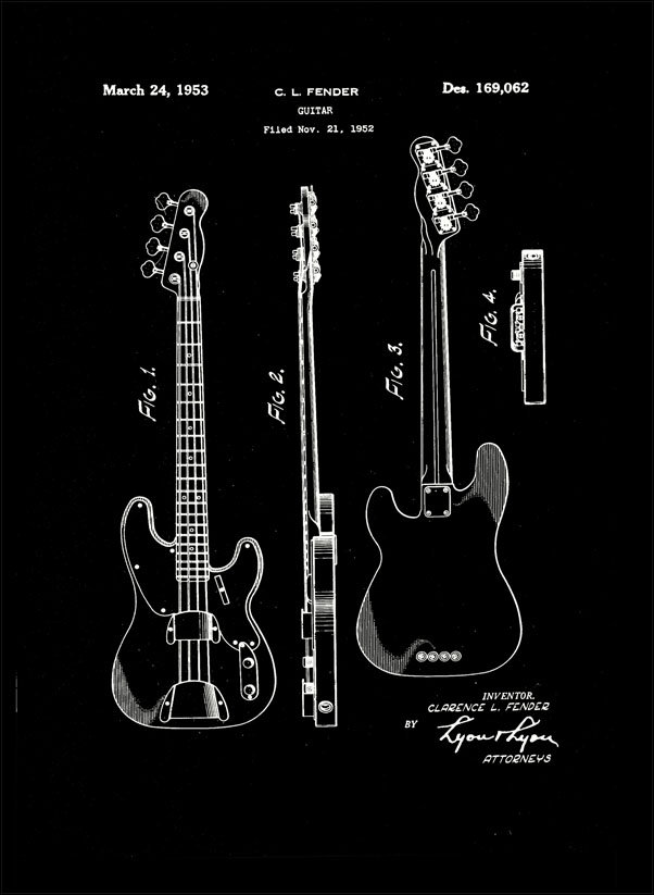 Plakat, Patent Fender Gitara Basowa Projekt 1952 - retro, 21x29,7 cm