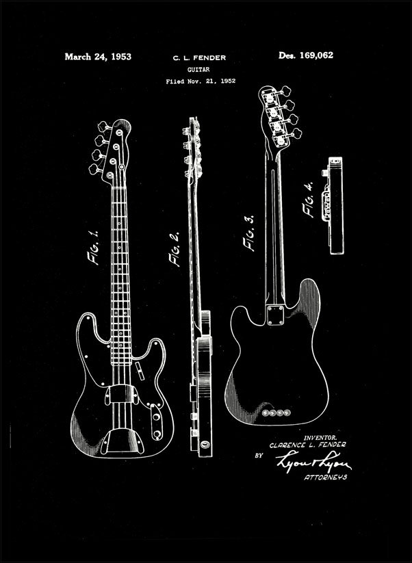 Plakat, Patent Fender Gitara Basowa Projekt 1952 - retro, 59,4x84,1 cm