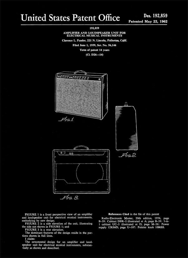 Plakat, Patent Fender Guitar Amplifier Wzmacniacz Gitarowy Projekt 1959 - retro, 21x29,7 cm