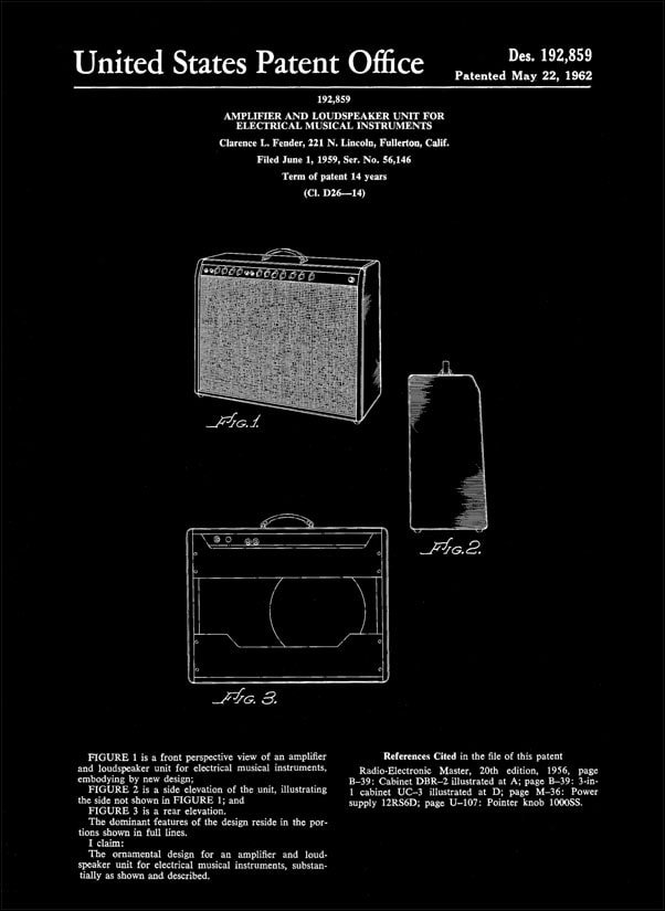 Plakat, Patent Fender Guitar Amplifier Wzmacniacz Gitarowy Projekt 1959 - retro, 40x50 cm