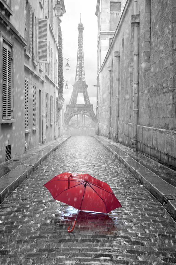Plakat, Czerwony Parasol z Wieża Eiffla w tle, 50x70 cm