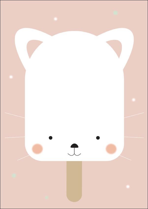 Plakat, Wesołe lody – kotek na różowym tle, 50x70 cm