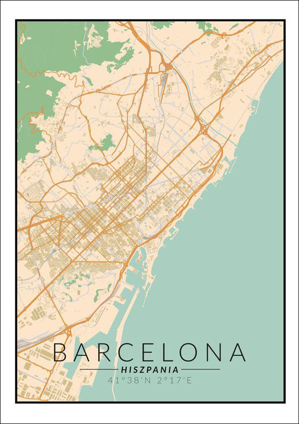 Plakat, Barcelona mapa kolorowa, 40x60 cm