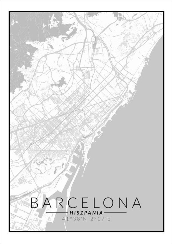 Plakat, Barcelona mapa czarno biała, 21x29,7 cm