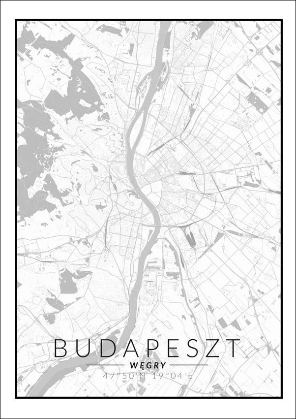 Plakat, Budapeszt mapa czarno biała, 40x50 cm