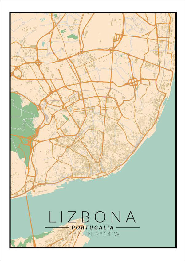 Plakat, Lizbona mapa kolorowa, 60x80 cm