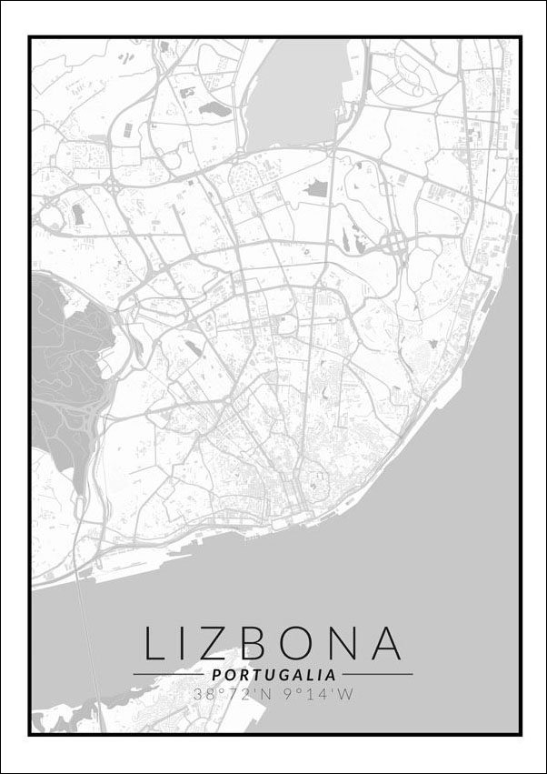 Plakat, Lizbona mapa czarno biała, 59,4x84,1 cm