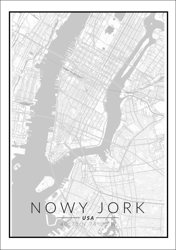 Plakat, Nowy Jork mapa czarno biała, 50x70 cm