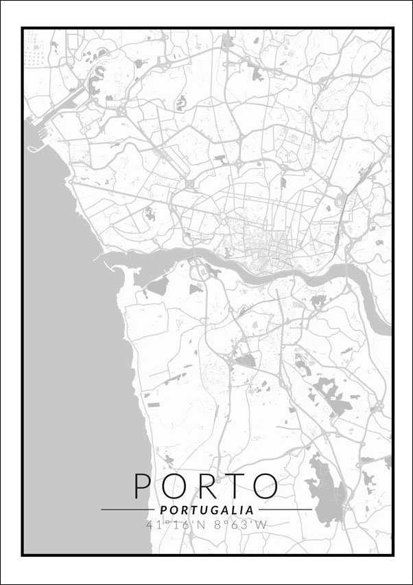 Plakat, Porto mapa czarno biała, 42x59,4 cm