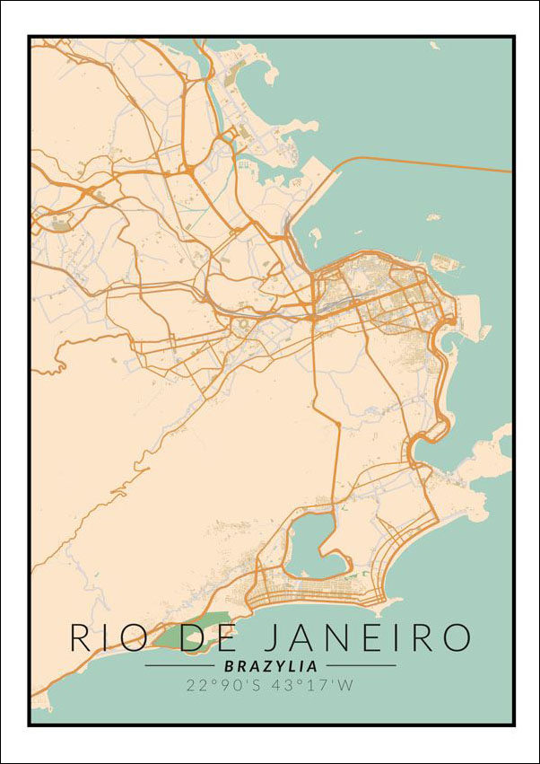 Plakat, Rio de Janeiro mapa kolorowa, 30x40 cm
