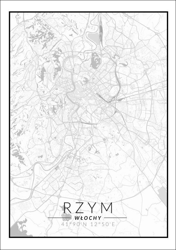 Plakat, Rzym mapa czarno biała, 42x59,4 cm