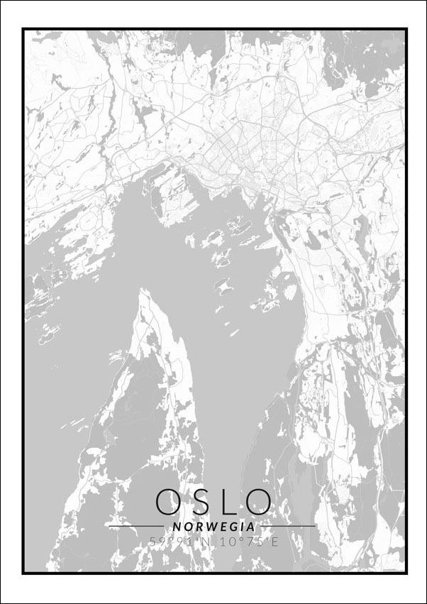 Plakat, Oslo mapa czarno biała, 61x91,5 cm