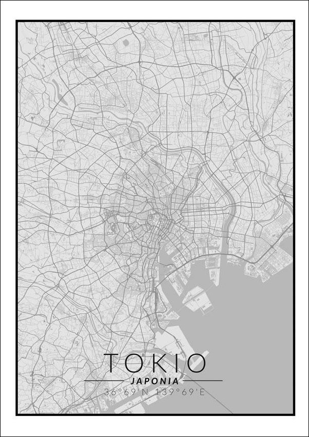 Plakat, Tokio mapa czarno biała, 21x29,7 cm