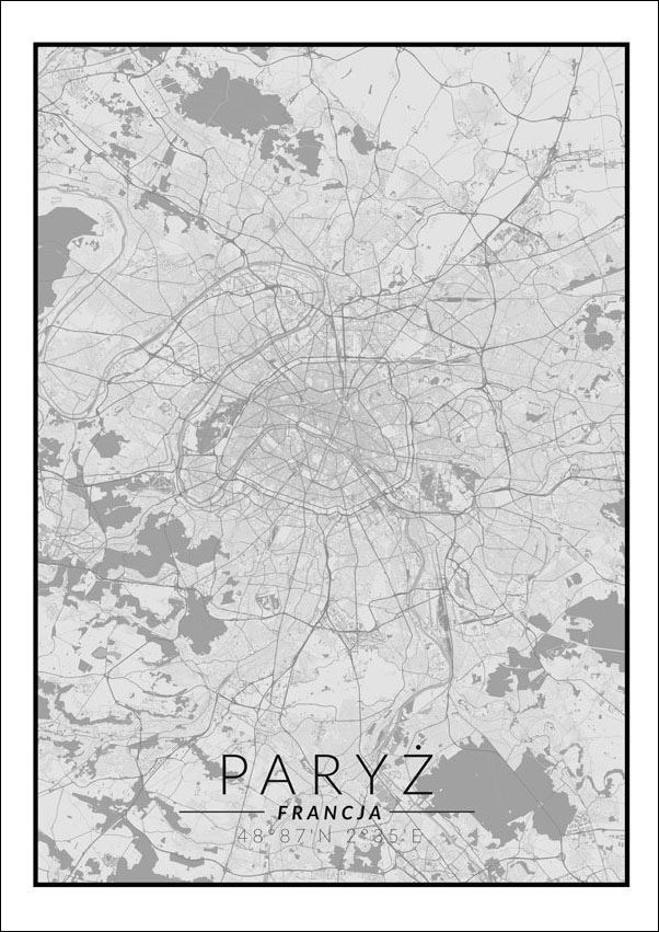 Plakat, Paryż mapa czarno biała, 21x29,7 cm