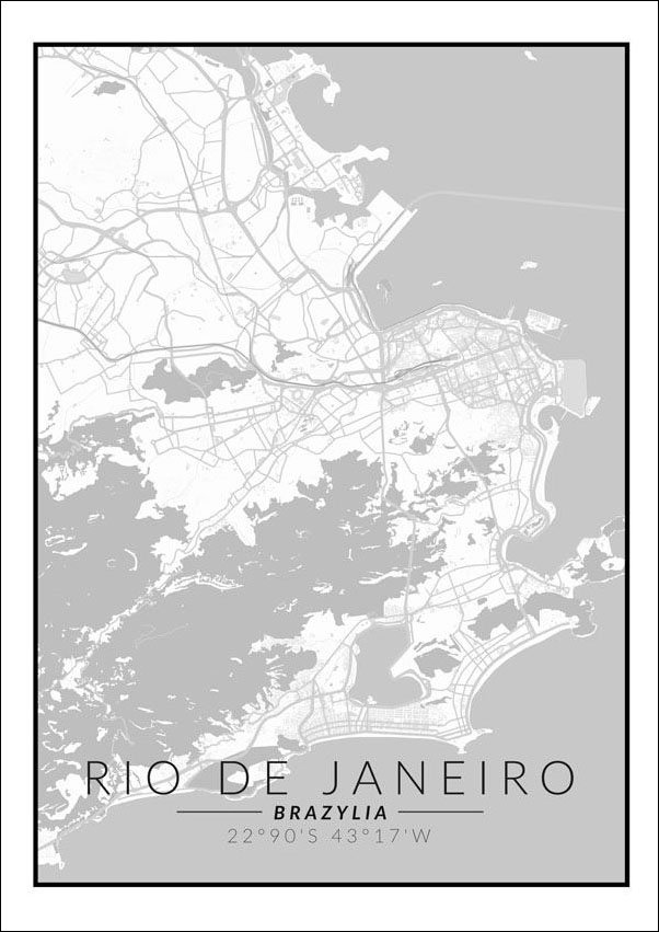 Plakat, Rio de Janeiro mapa czarno biała, 60x80 cm