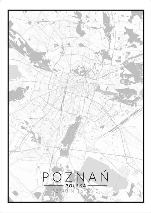 Plakat, Poznań mapa czarno biała, 42x59,4 cm
