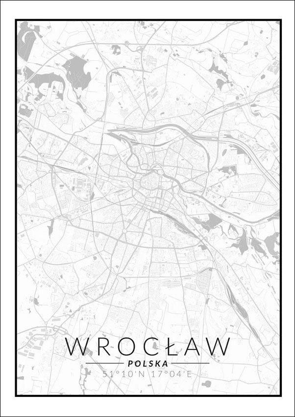 Plakat, Wrocław mapa czarno biała, 61x91,5 cm