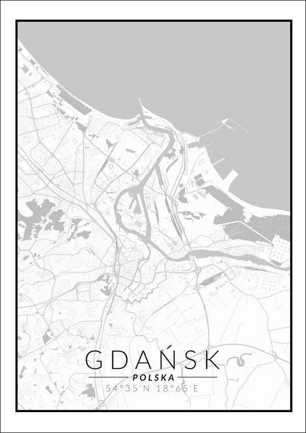Plakat, Gdańsk mapa czarno biała, 60x80 cm
