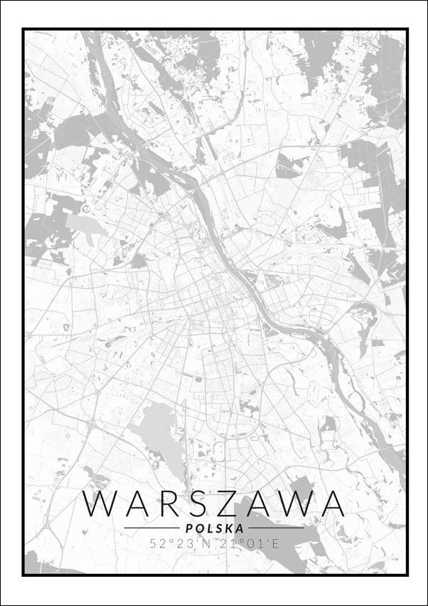 Plakat, Warszawa mapa czarno biała, 50x70 cm