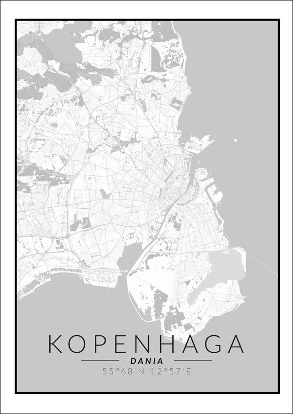 Plakat, Kopenhaga mapa czarno biała, 70x100 cm