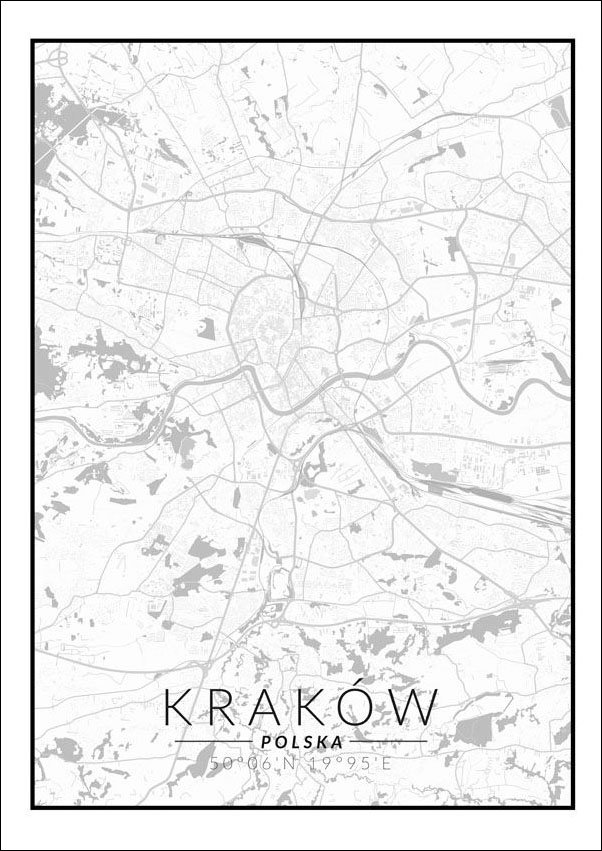 Plakat, Kraków mapa czarno biała, 59,4x84,1 cm