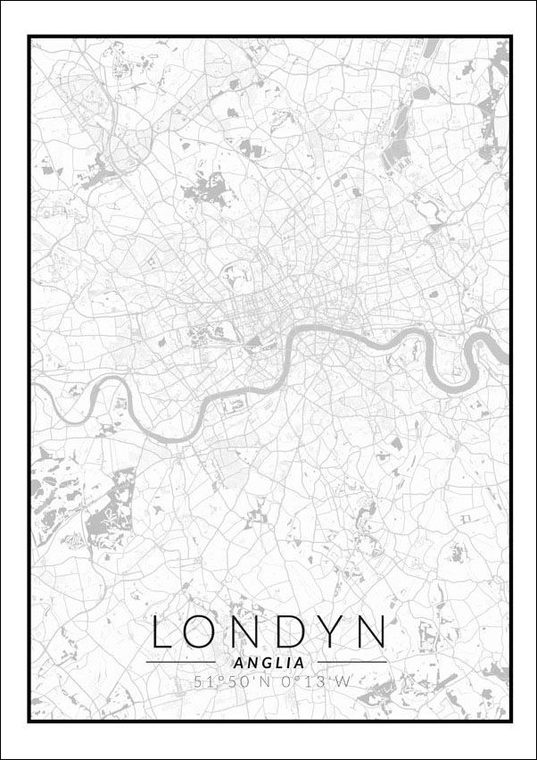 Plakat, Londyn mapa czarno biała, 20x30 cm