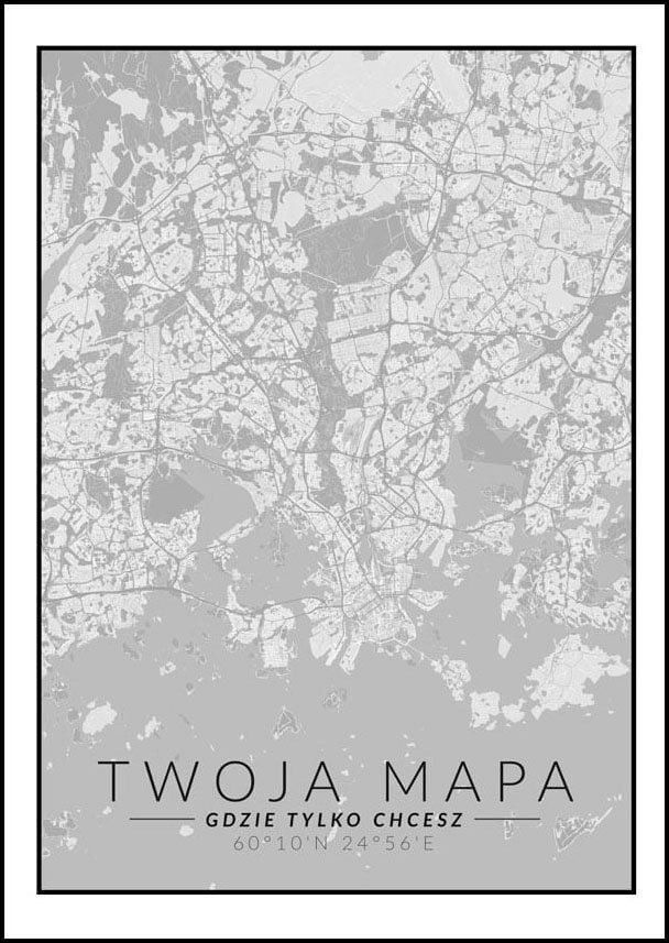 Plakat, Mapa Twojego miasta czarno biała, 59,4x84,1 cm