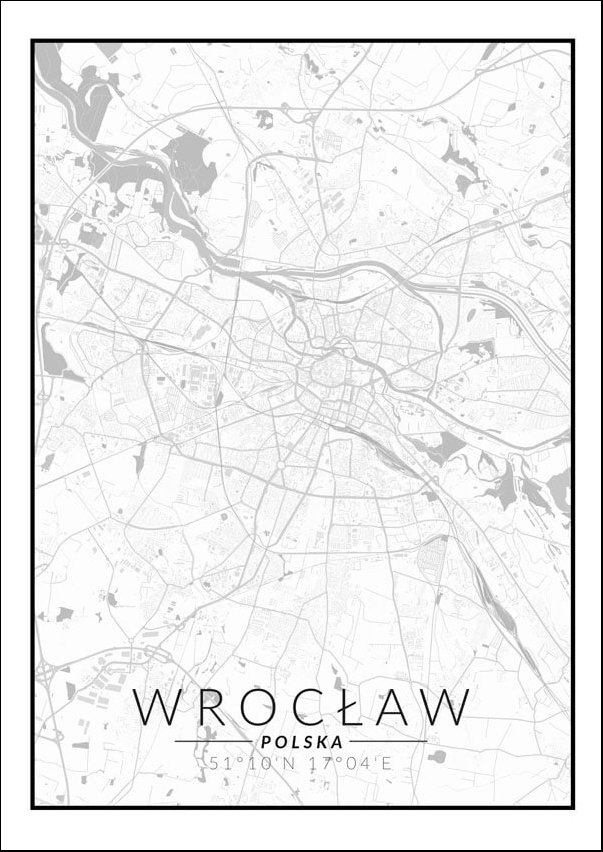 Plakat, Wrocław mapa czarno biała, 50x70 cm