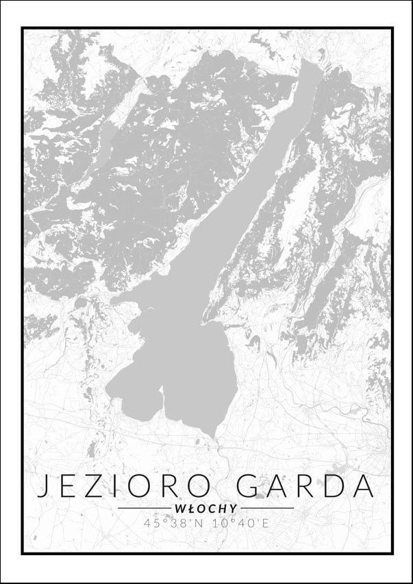 Plakat, Jezioro Garda, Włochy mapa czarno biała, 59,4x84,1 cm