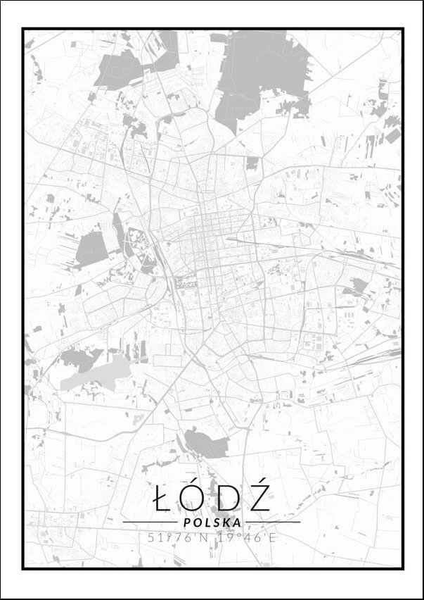 Plakat, Łódź mapa czarno biała, 21x29,7 cm