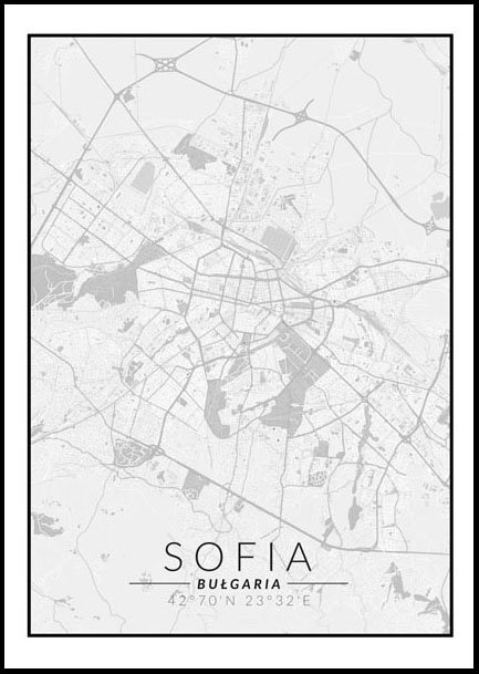 Plakat, Sofia, Bułgaria mapa czarno biała, 40x60 cm