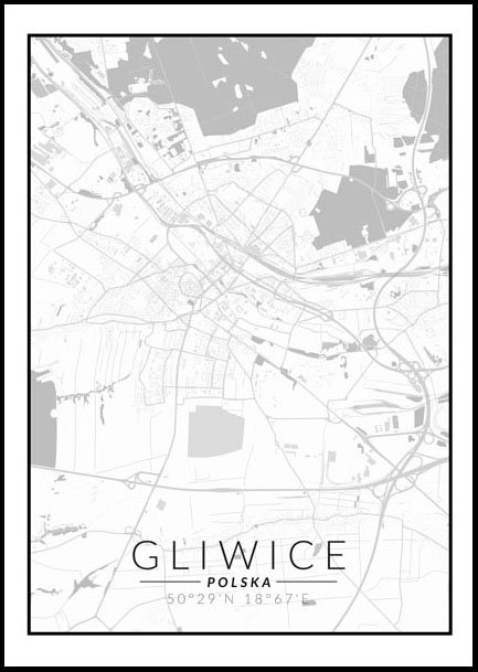 Plakat, Gliwice, Polska mapa czarno biała, 50x70 cm