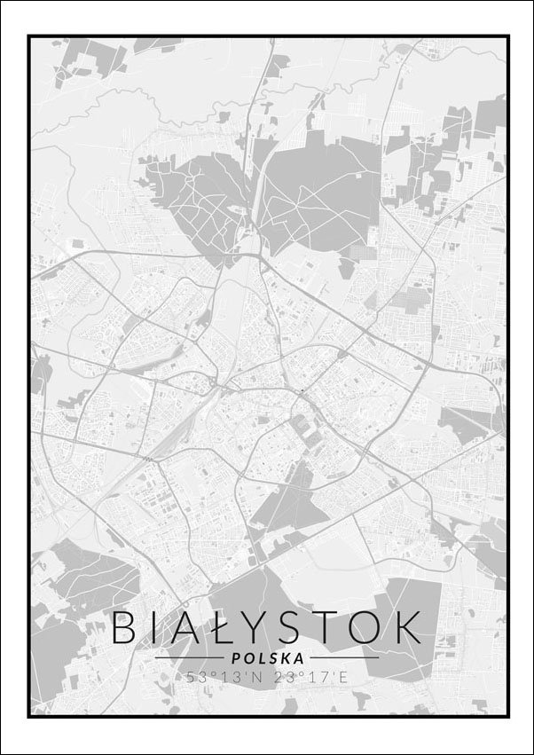Plakat, Białystok, Polska mapa czarno biała, 70x100 cm